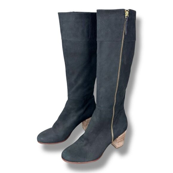 Cole Haan Davenport Tall Black Pebbled Nubuck‎ Leather Stacked Block Heel Boots - Picture 2 of 15